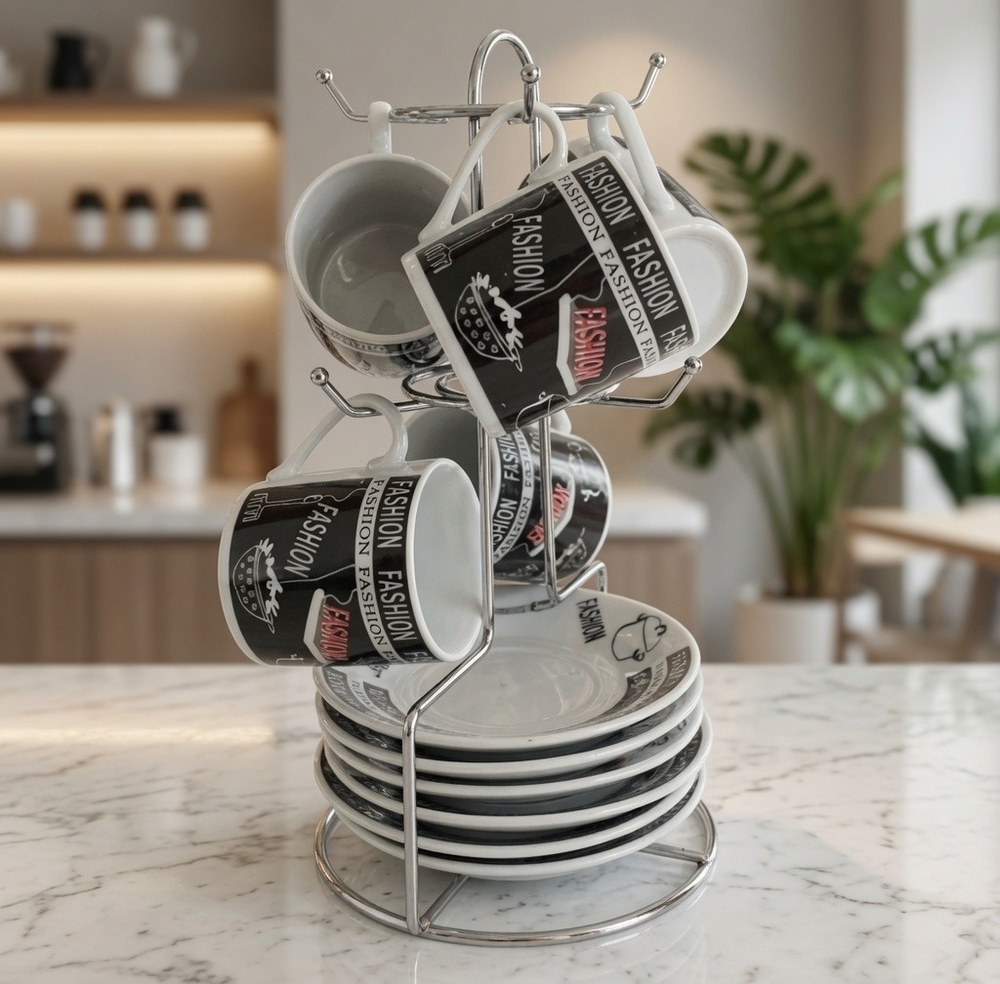 Vintage FASHION 12pc Espresso Coffee Set Silver Holder Black White Red Porcelain